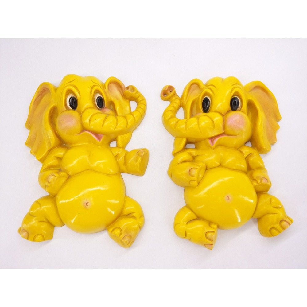 Homco Wall Plaques Yellow Vintage 1973 Elephant Nursery Decor Set of 2